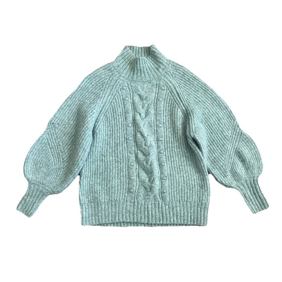 Ava & Viv Sweaters - AVA & VIV Women Cable Knit Mock Neck Puff Sleeve Sweater Light Blue Size X